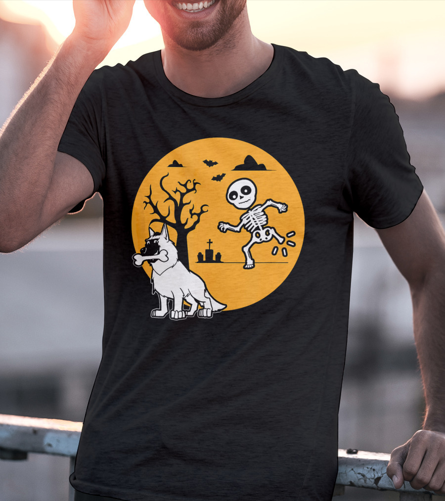 Belgian Malinois Skeleton Bone Halloween Moon Graveyard Scene T-Shirt
