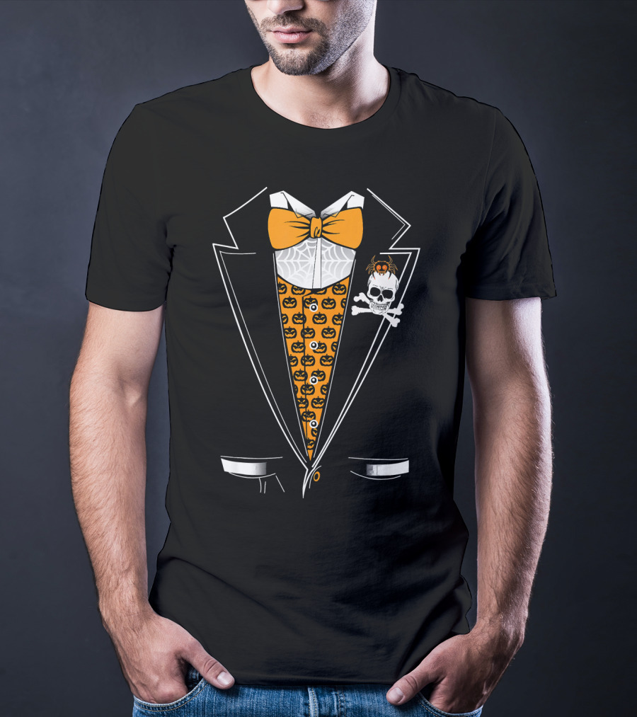 Halloween Tuxedo 3D Style Skull Pumpkin Spider Bowtie T-Shirt