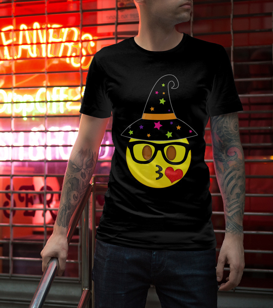 Funny Halloween Witch Hat Emoji Nerd Glasses Kissy Face T-Shirt