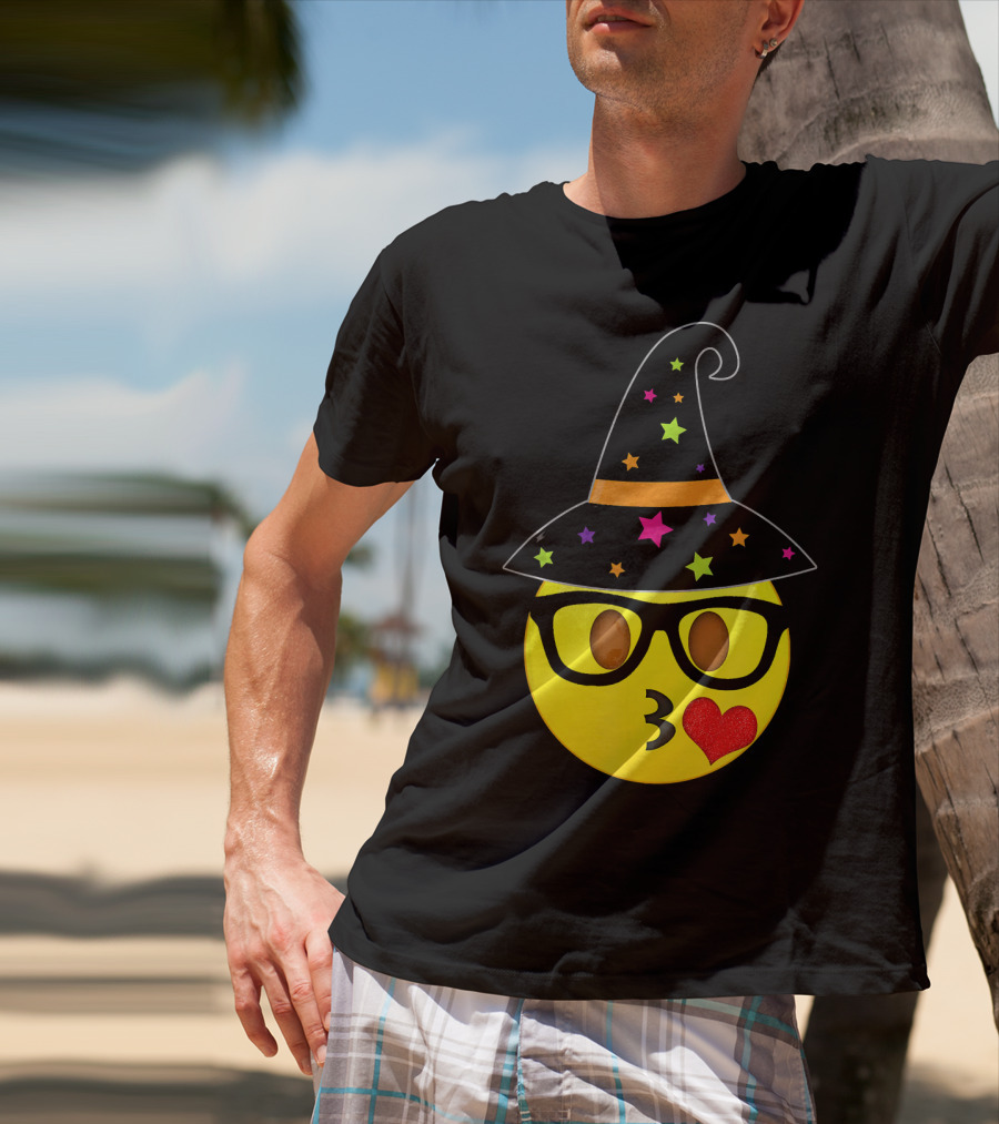Funny Halloween Witch Hat Emoji Nerd Glasses Kissy Face T-Shirt