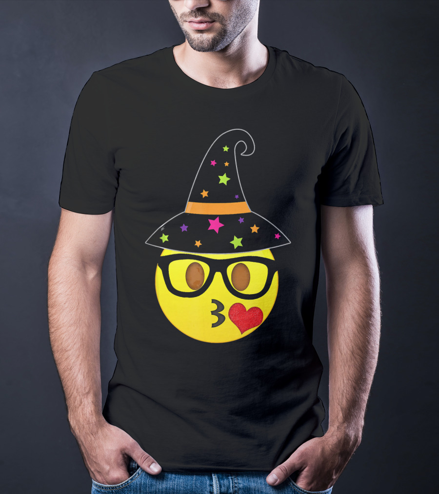 Funny Halloween Witch Hat Emoji Nerd Glasses Kissy Face T-Shirt