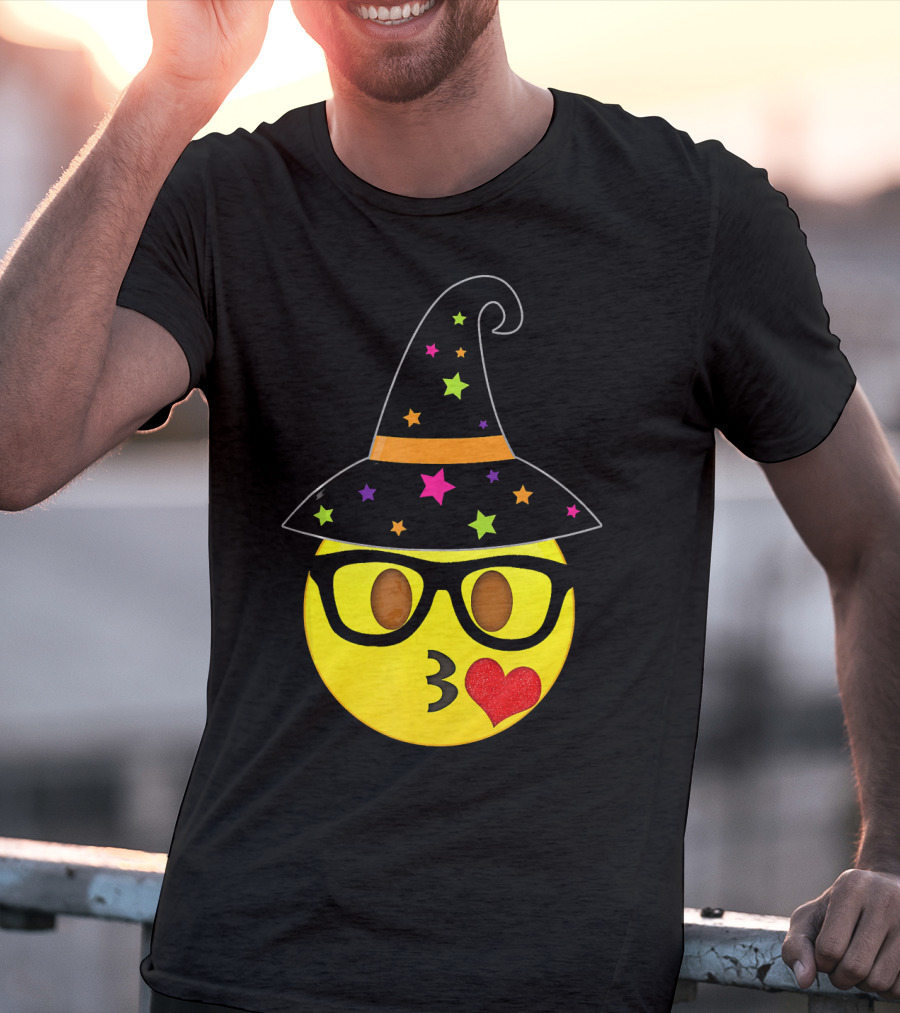 Funny Halloween Witch Hat Emoji Nerd Glasses Kissy Face T-Shirt
