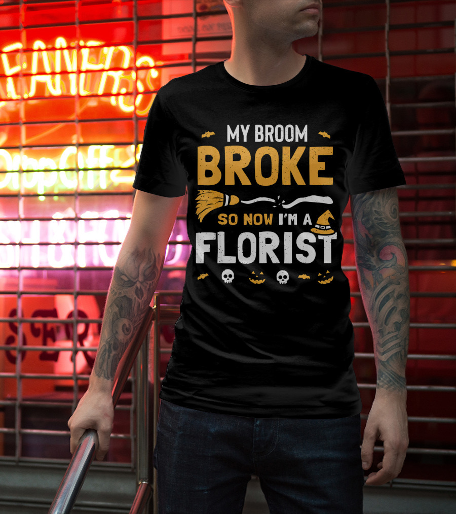 Broke Broom Halloween Florist Costume With Witch Hat And Pumpkins T-Shirt