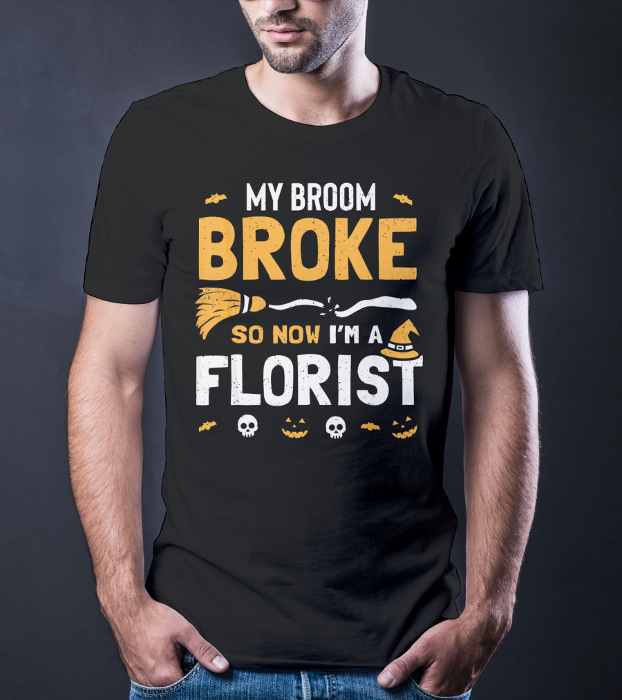 Broke Broom Halloween Florist Costume With Witch Hat And Pumpkins T-Shirt