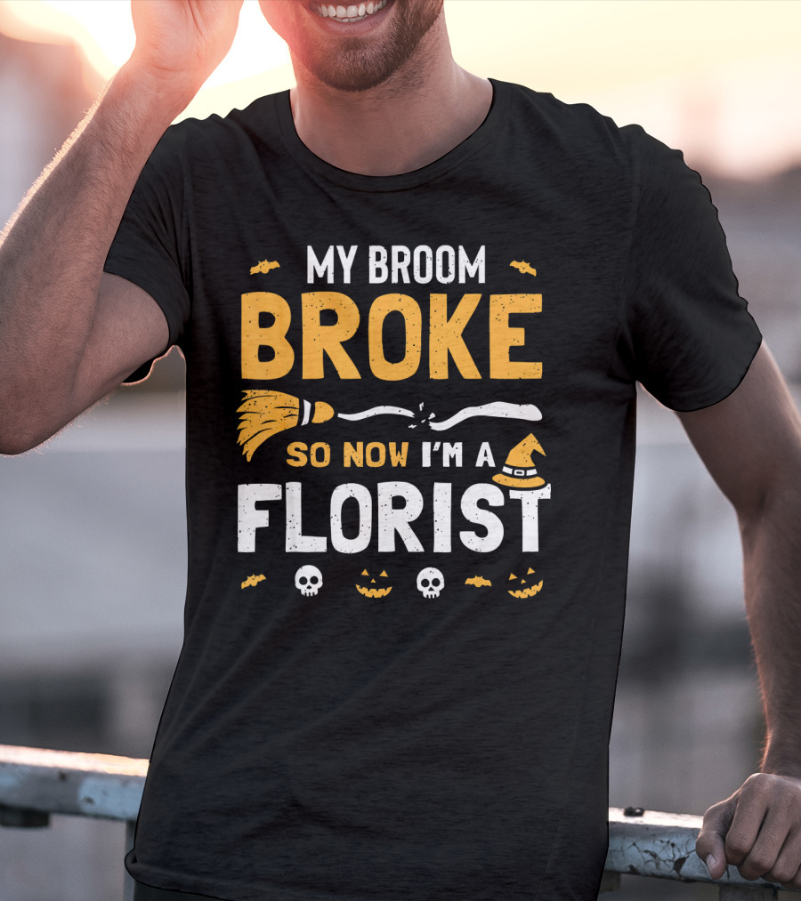 Broke Broom Halloween Florist Costume With Witch Hat And Pumpkins T-Shirt