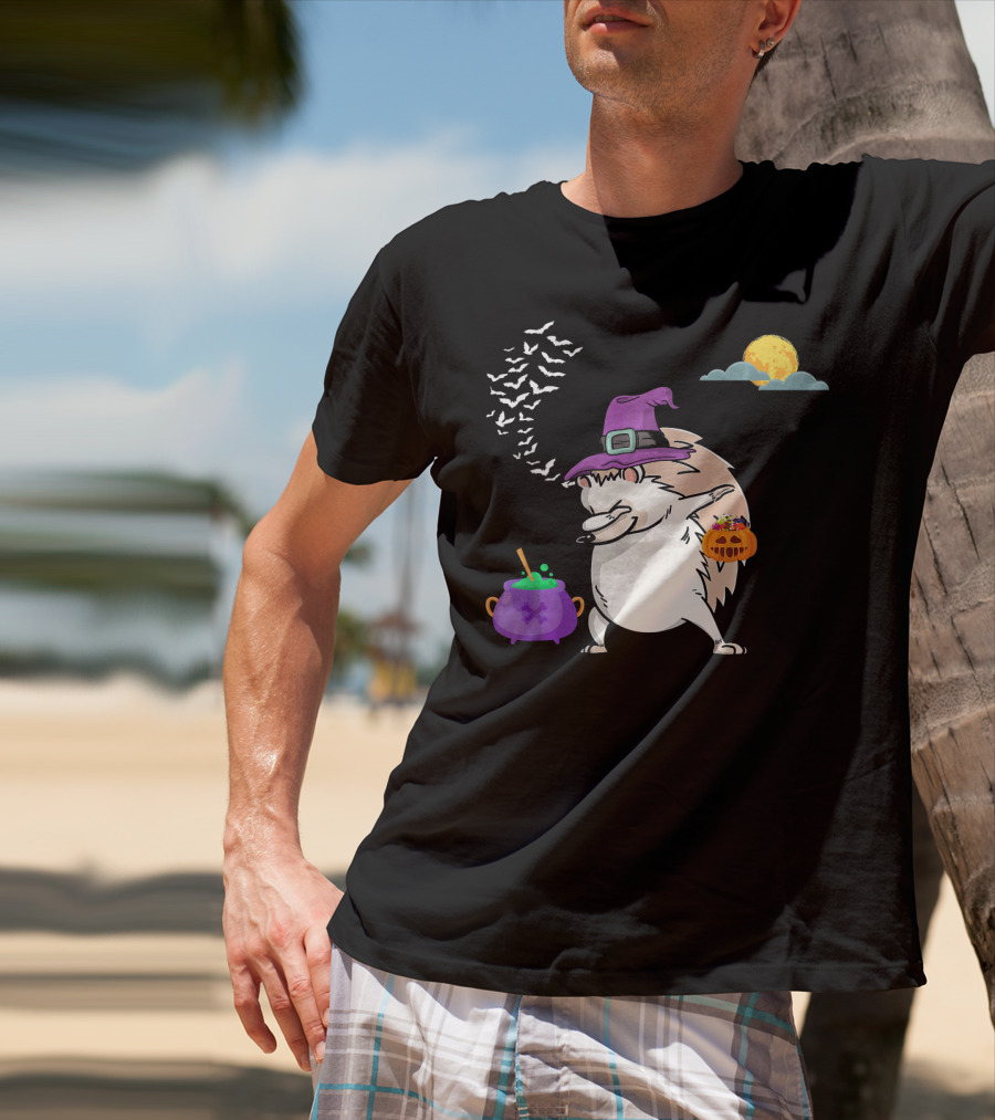 Dabbing Hedgehog Witch Halloween Costume With Cauldron Moon And Pumpkin Candy Bucket T-Shirt