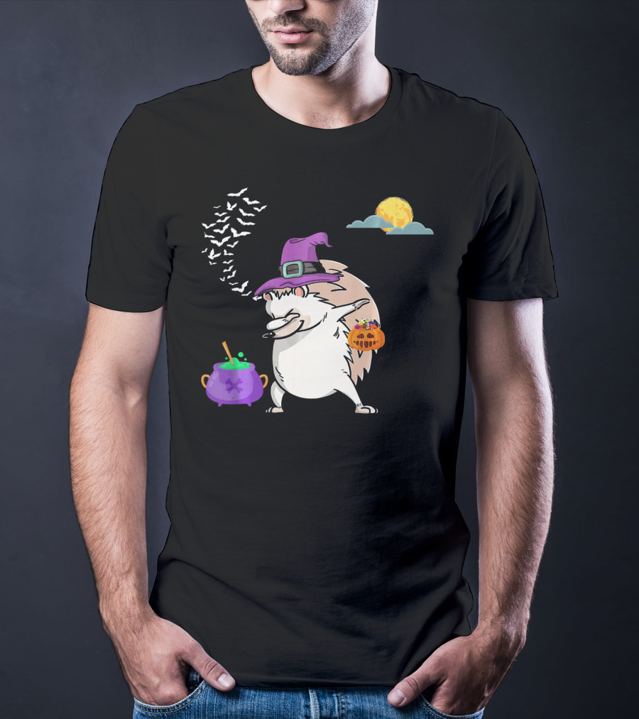 Dabbing Hedgehog Witch Halloween Costume With Cauldron Moon And Pumpkin Candy Bucket T-Shirt