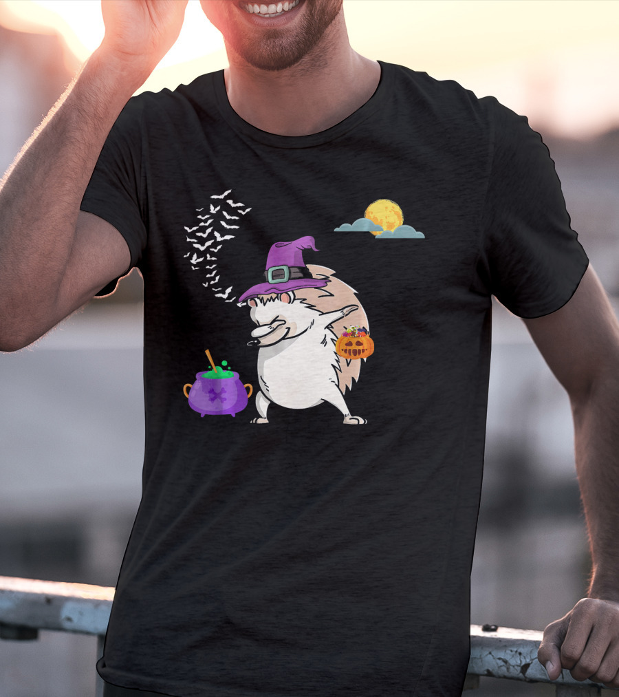 Dabbing Hedgehog Witch Halloween Costume With Cauldron Moon And Pumpkin Candy Bucket T-Shirt