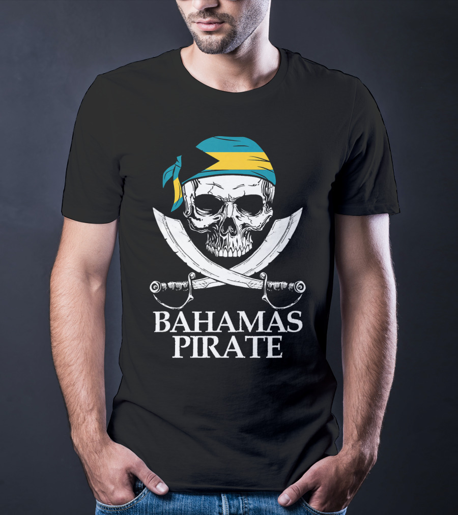 Bahamas Pirate Skull Crossed Cutlasses Jolly Roger Flag Bandana T-Shirt