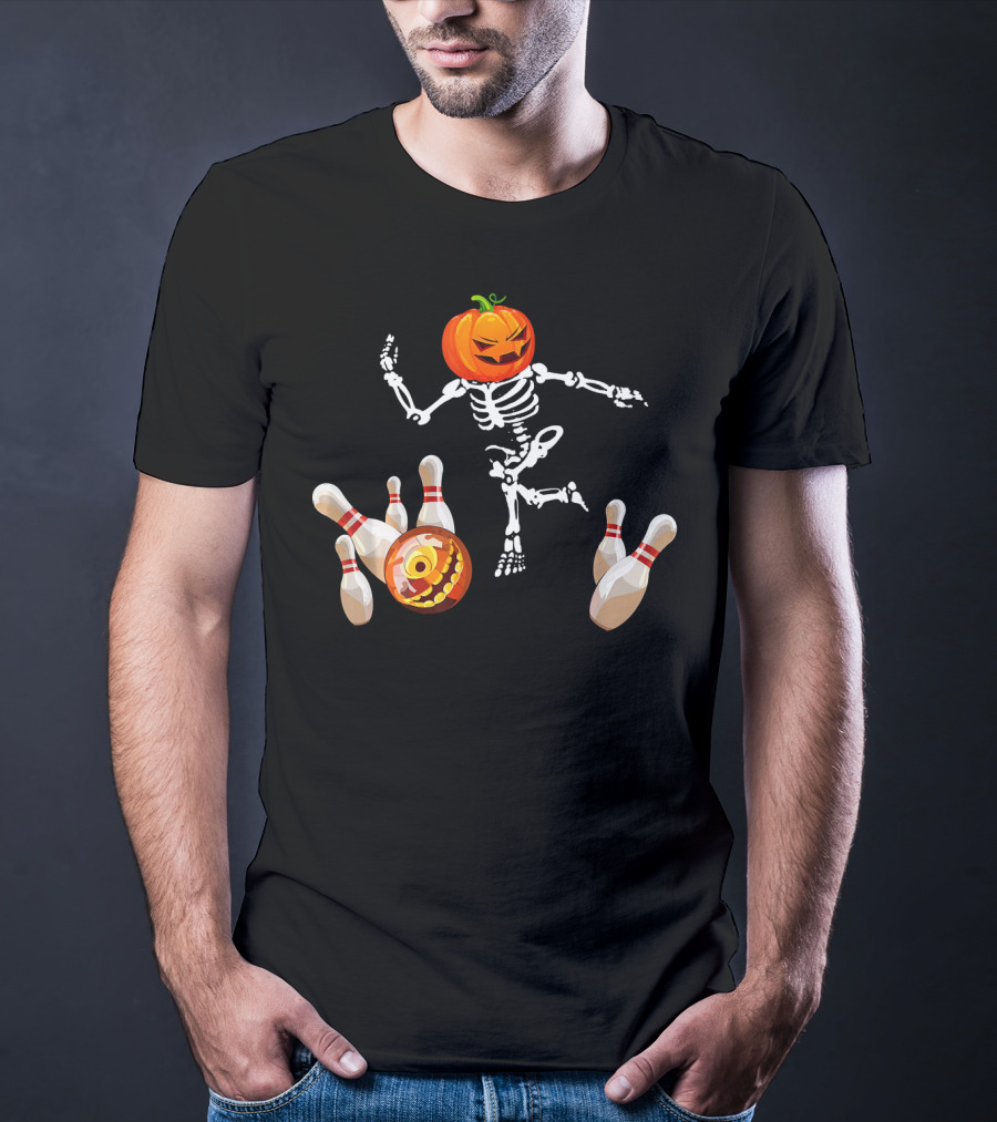 Funny Halloween Pumpkin Head Skeleton Bowling Scene T-Shirt