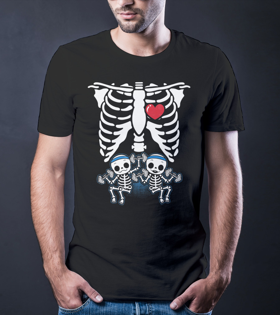 Funny Pregnant Mom Twins Babies Skeleton Rib Cage Heart T-Shirt