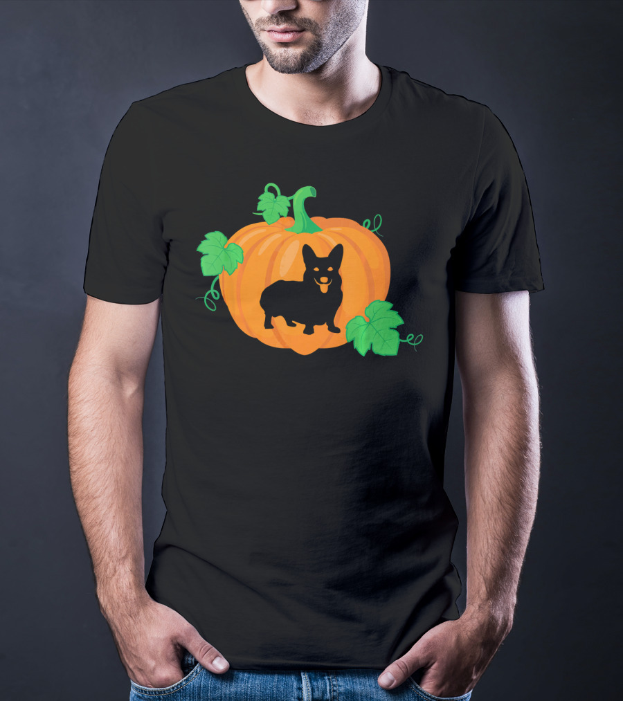 Corgi Dog Pumpkin Halloween Silhouette With Leaves T-Shirt