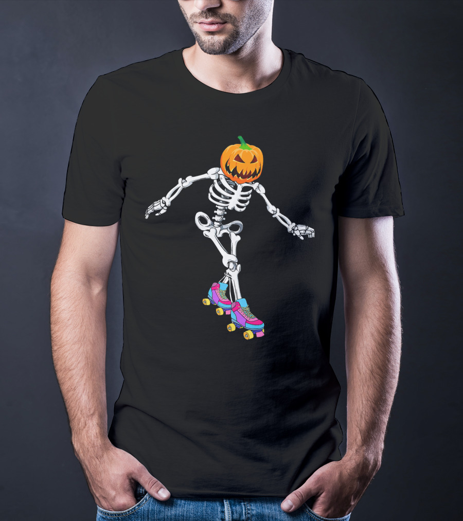 Halloween Skeleton Pumpkin Head Roller Skater T-Shirt