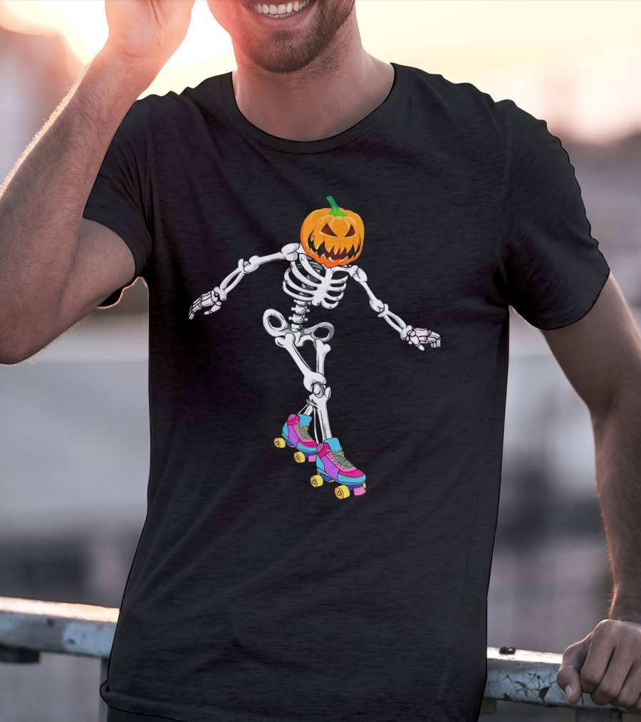 Halloween Skeleton Pumpkin Head Roller Skater T-Shirt
