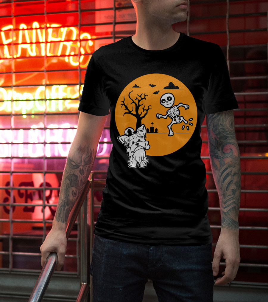 Yorkshire Terrier Halloween Costume Skeleton Dance Moon Bat Graveyard T-Shirt