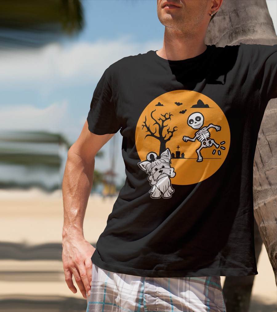 Yorkshire Terrier Halloween Costume Skeleton Dance Moon Bat Graveyard T-Shirt