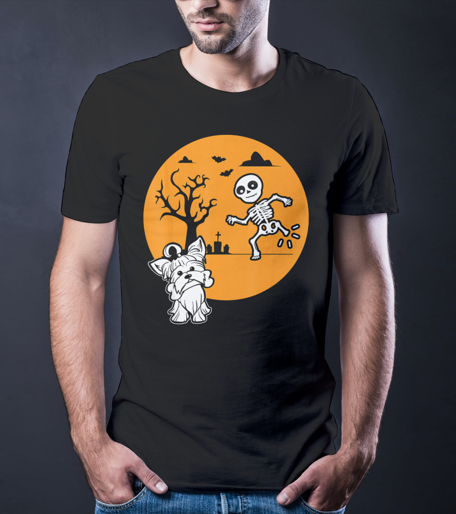 Yorkshire Terrier Halloween Costume Skeleton Dance Moon Bat Graveyard T-Shirt
