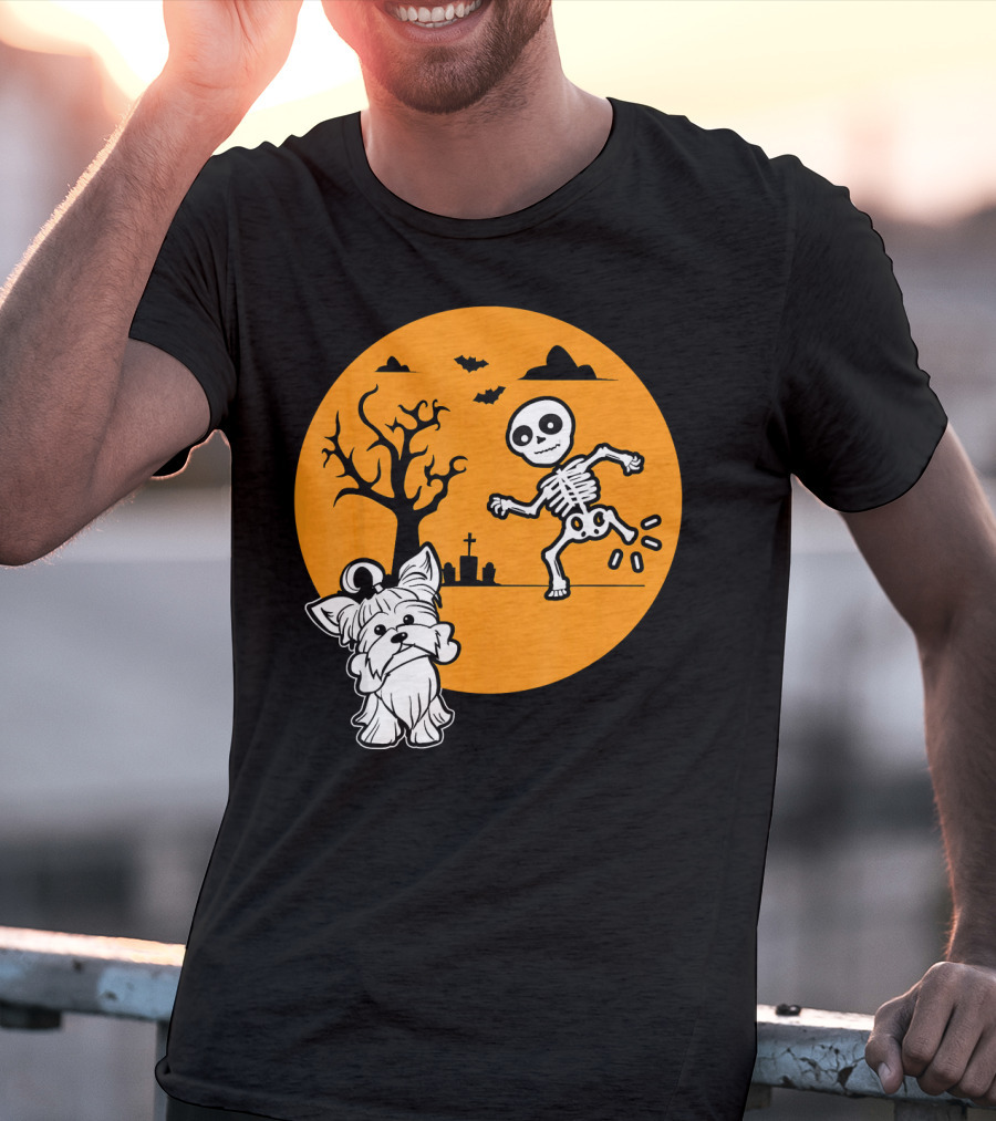 Yorkshire Terrier Halloween Costume Skeleton Dance Moon Bat Graveyard T-Shirt