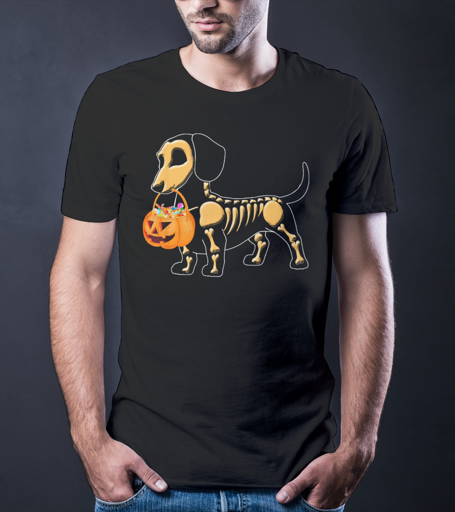 Happy Halloween Funny Dachshund Pumpkin Dog Skeleton Candy T-Shirt