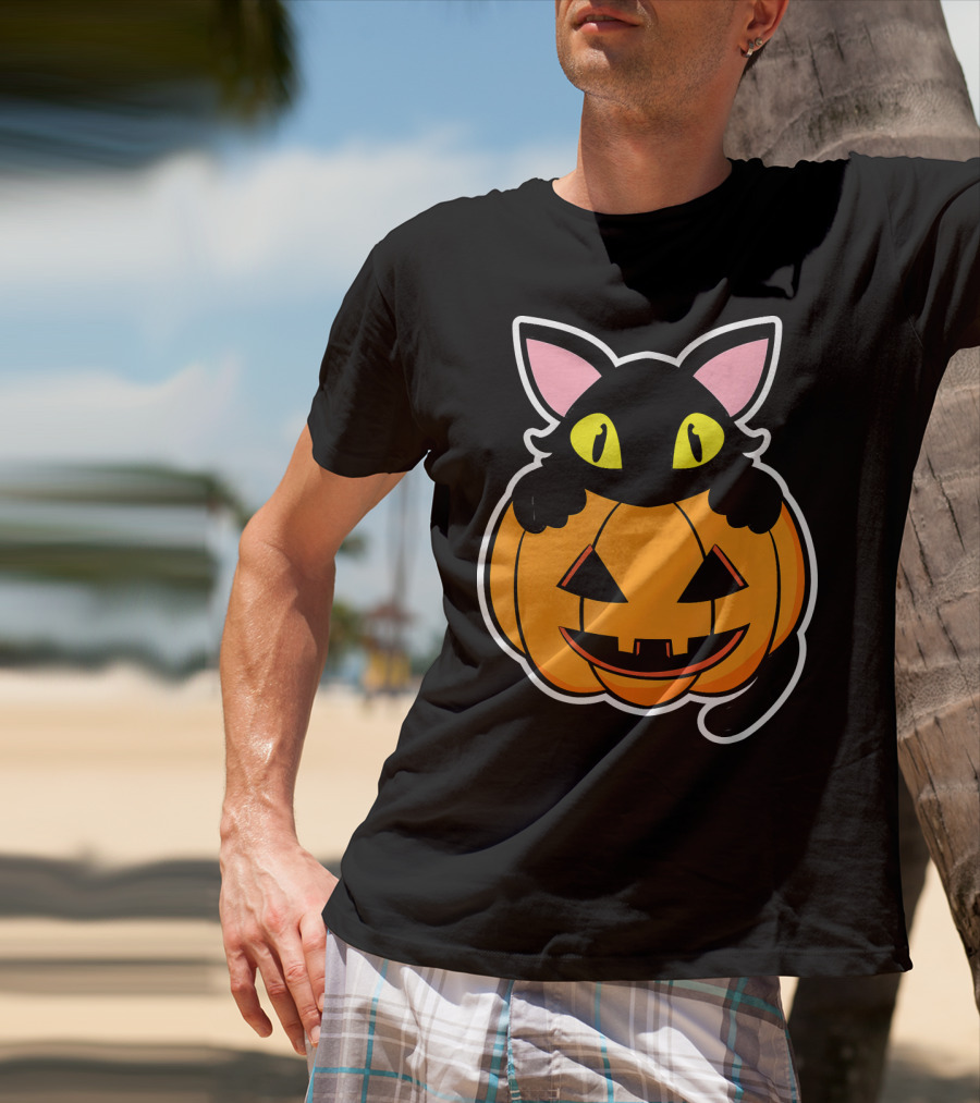 Black Cat Peeking Over Pumpkin Funny Scary Happy Halloween T-Shirt