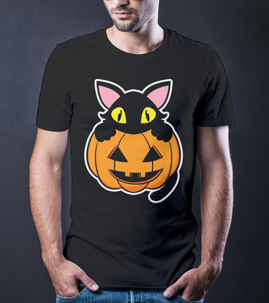Black Cat Peeking Over Pumpkin Funny Scary Happy Halloween T-Shirt
