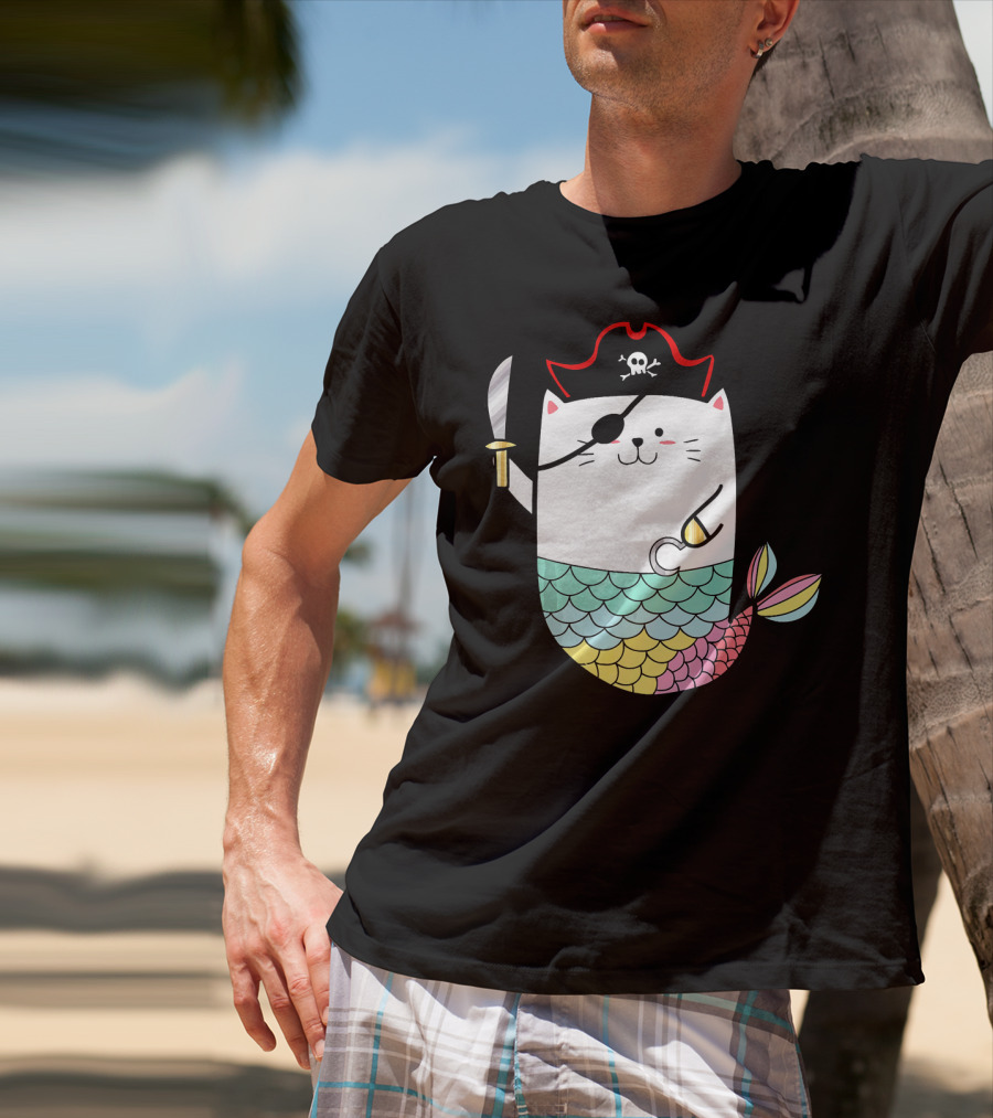 Halloween Mermaid Pirate Cat With Eye Patch And Sword T-Shirt
