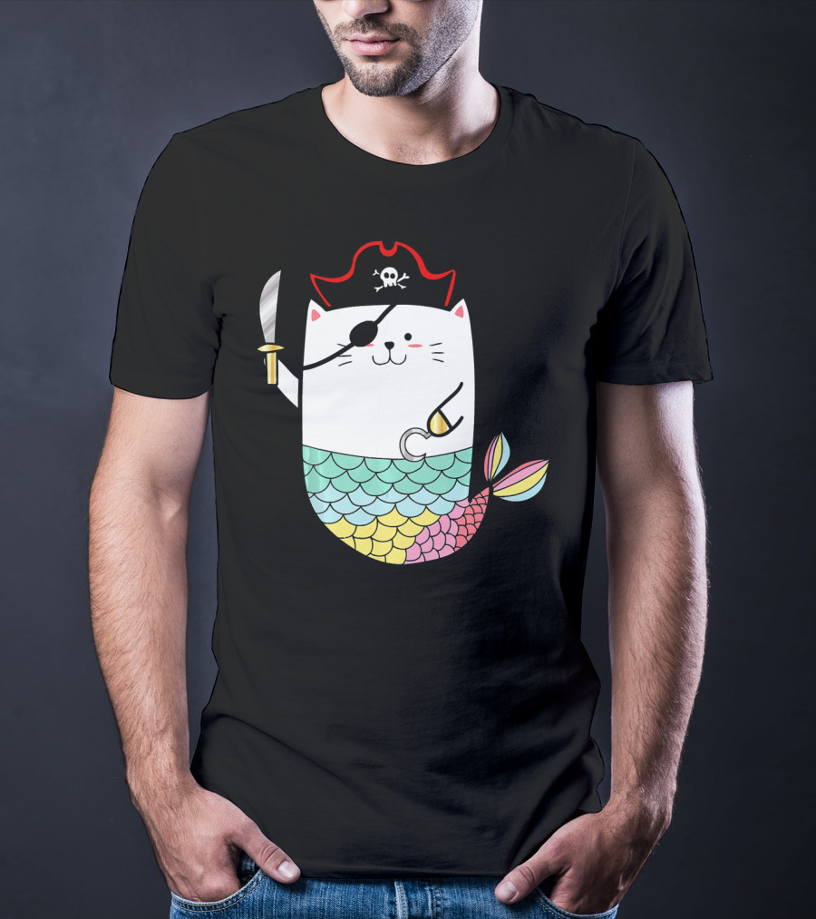 Halloween Mermaid Pirate Cat With Eye Patch And Sword T-Shirt