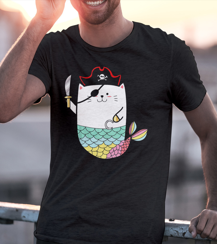 Halloween Mermaid Pirate Cat With Eye Patch And Sword T-Shirt