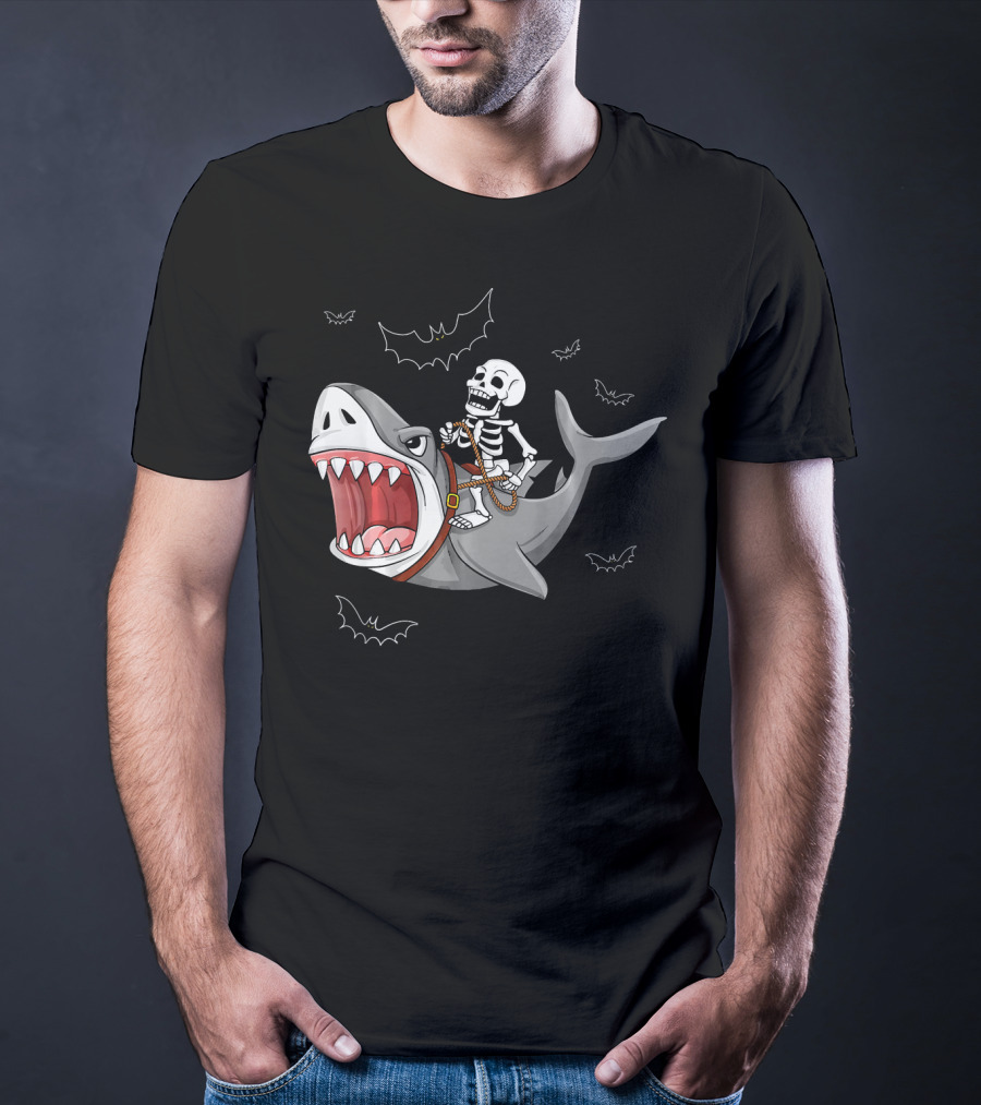 Skeleton Riding Shark Funny Halloween Bat T-Shirt