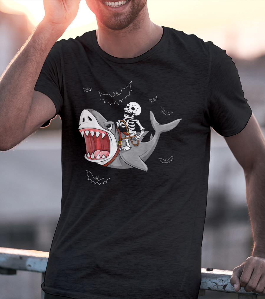 Skeleton Riding Shark Funny Halloween Bat T-Shirt