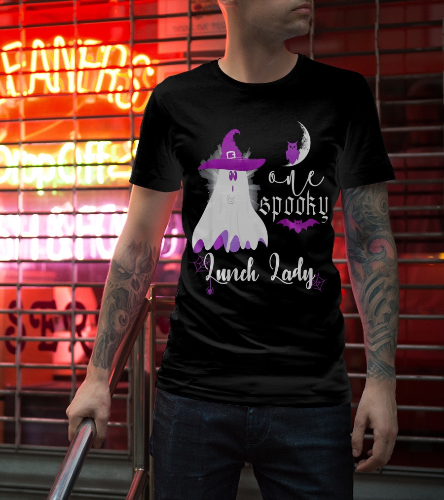 One Spooky Lunch Lady Halloween Ghost With Purple Bat And Moon T-Shirt