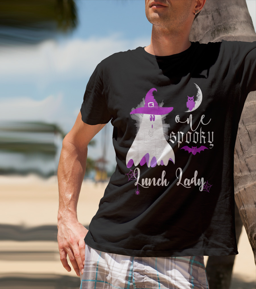One Spooky Lunch Lady Halloween Ghost With Purple Bat And Moon T-Shirt