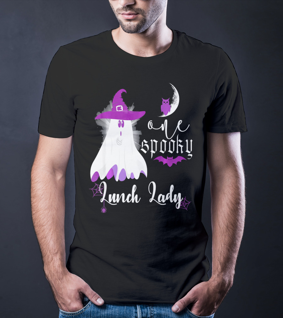 One Spooky Lunch Lady Halloween Ghost With Purple Bat And Moon T-Shirt
