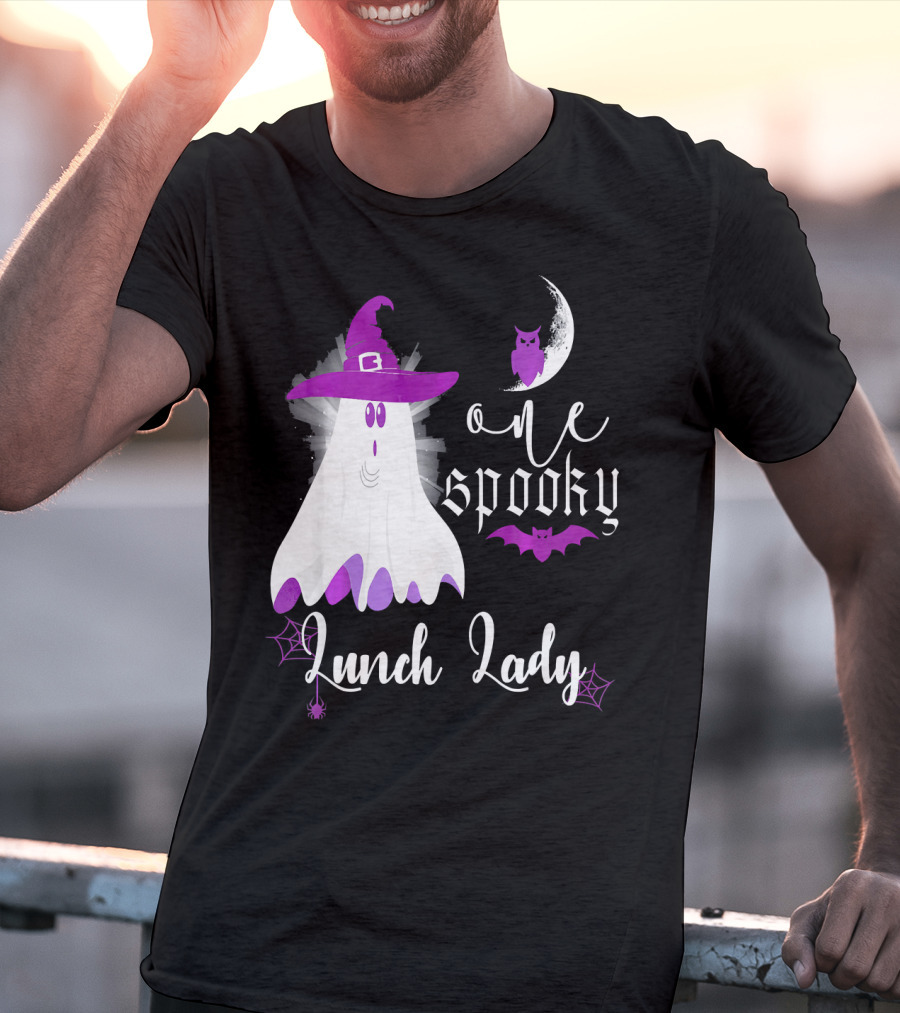 One Spooky Lunch Lady Halloween Ghost With Purple Bat And Moon T-Shirt