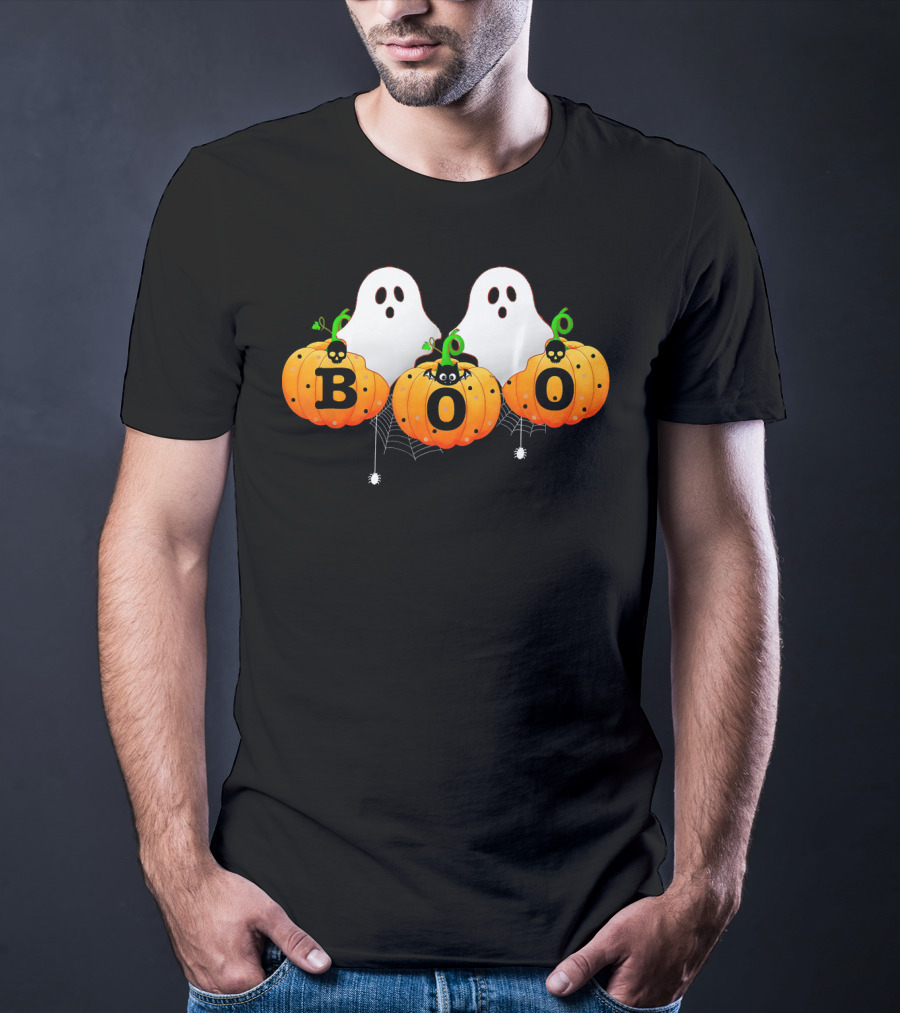 Boo Halloween Ghosts With Spiders And Pumpkins T-Shirt