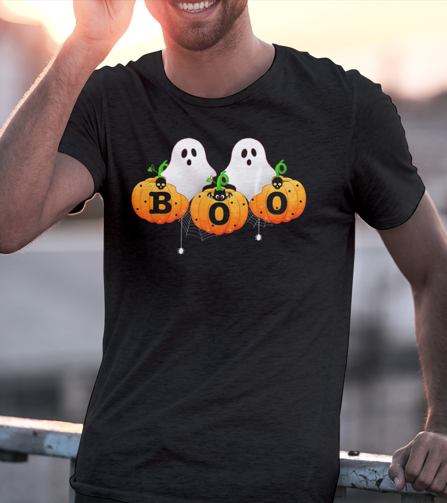 Boo Halloween Ghosts With Spiders And Pumpkins T-Shirt