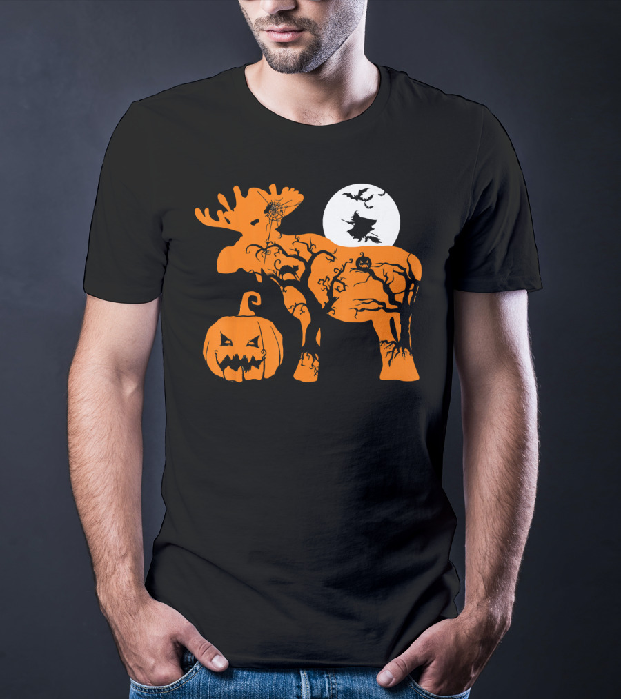 Witch Bat Moon Pumpkin Moose With Spider Web T-Shirt