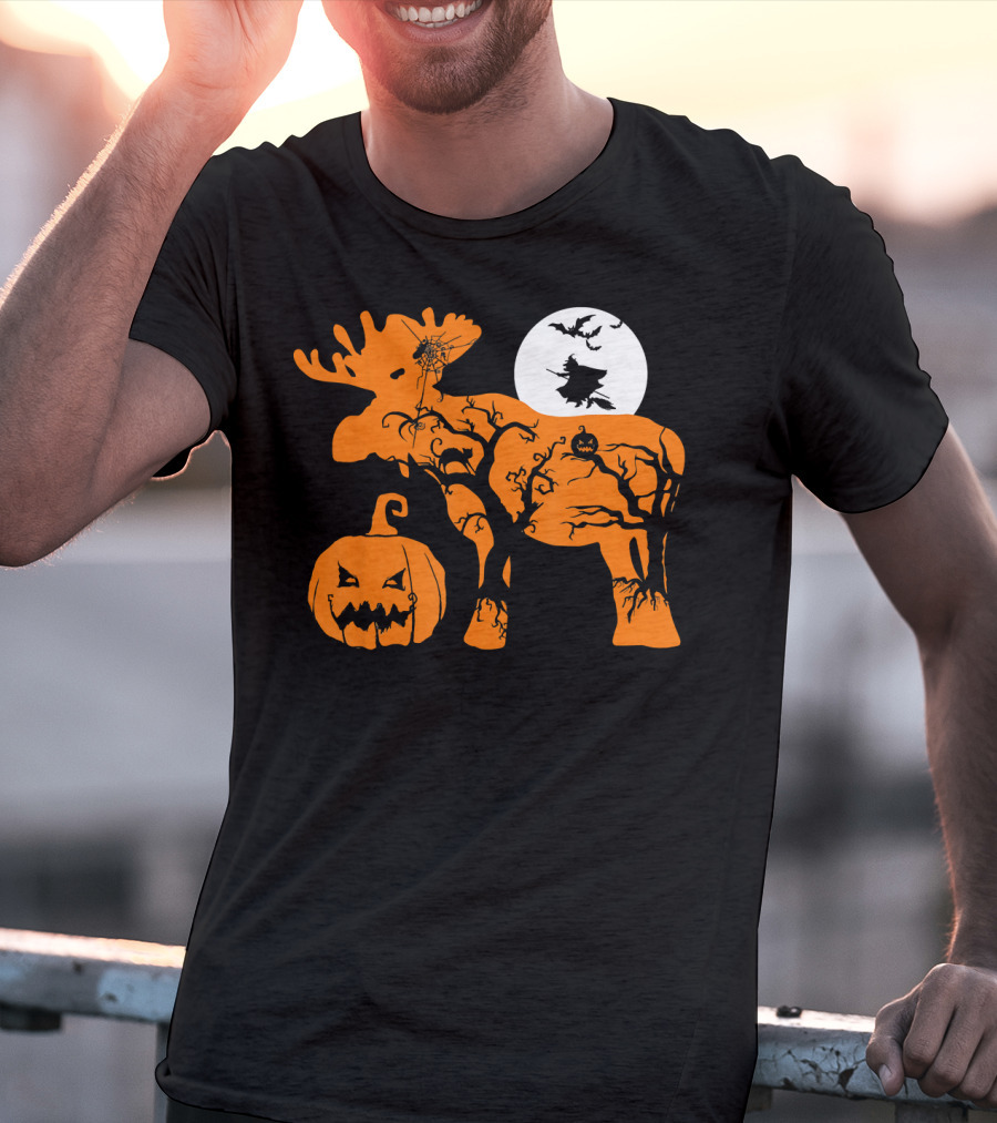 Witch Bat Moon Pumpkin Moose With Spider Web T-Shirt