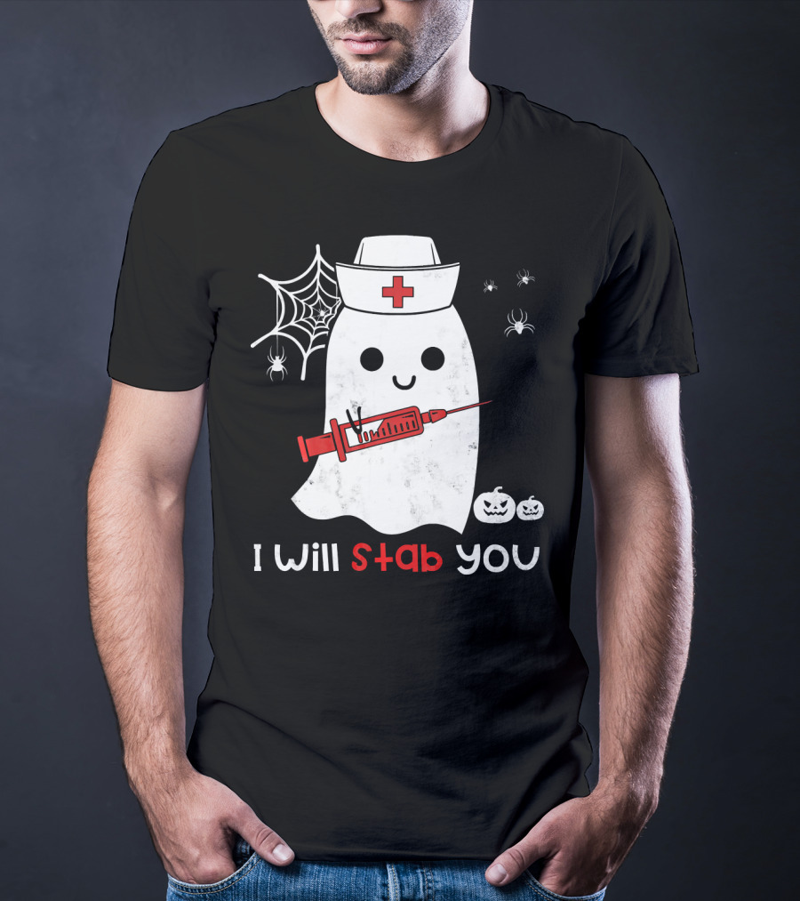 Nurse Ghost I Will Stab You Halloween Spiders Pumpkins T-Shirt