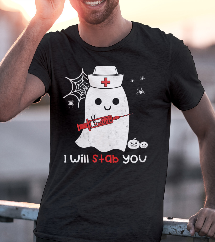Nurse Ghost I Will Stab You Halloween Spiders Pumpkins T-Shirt