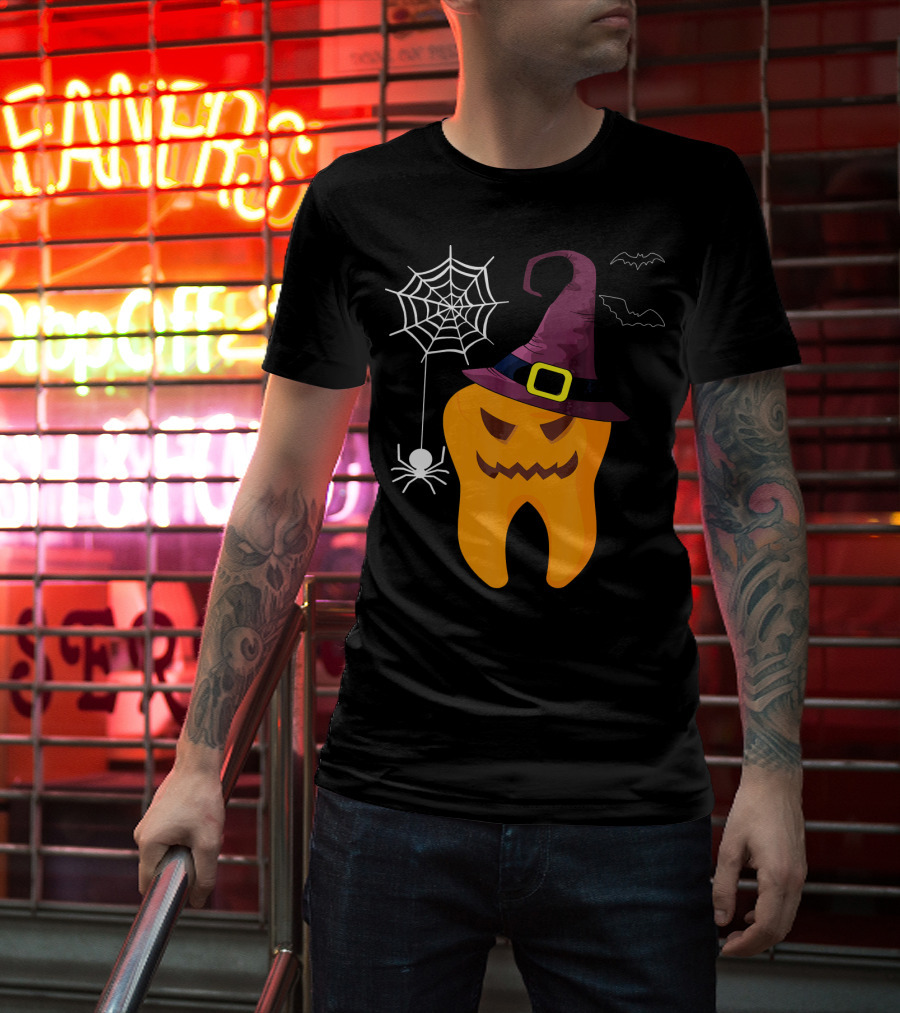 Halloween Dental Witch Dentist Tooth With Spider And Hat T-Shirt