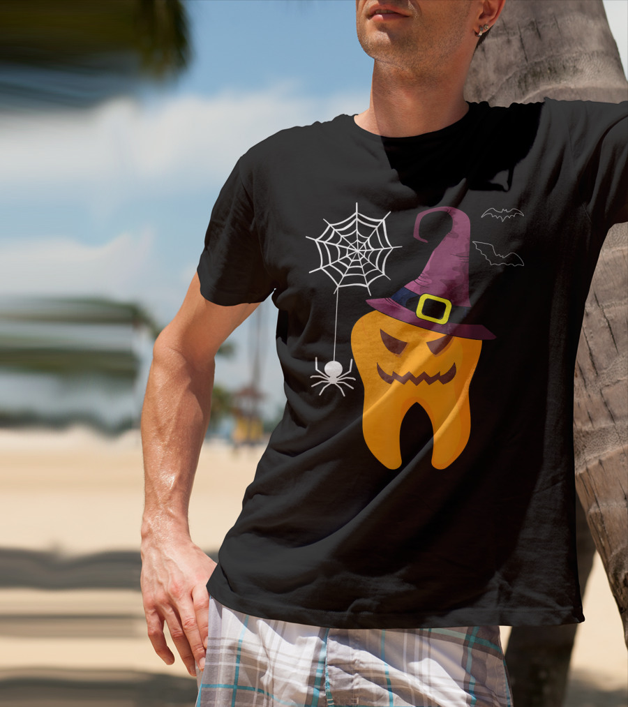 Halloween Dental Witch Dentist Tooth With Spider And Hat T-Shirt