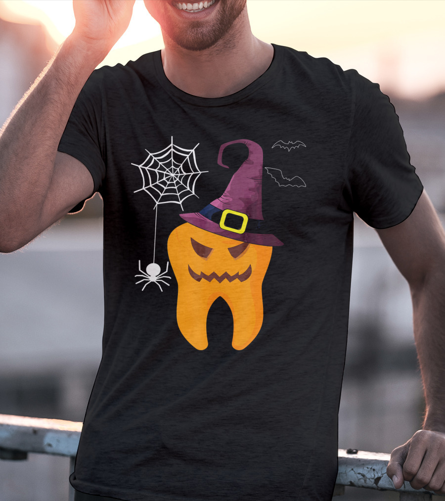 Halloween Dental Witch Dentist Tooth With Spider And Hat T-Shirt