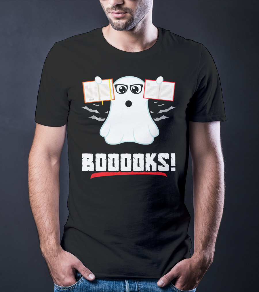 BOOOOKS Boo Ghost Reading Book Lib With Bats And Glasses T-Shirt