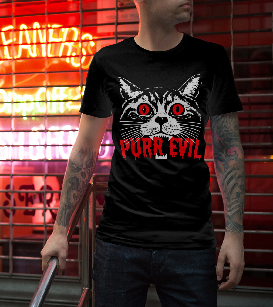 Purr Evil Satanic Cat Red Eyes Halloween T-Shirt