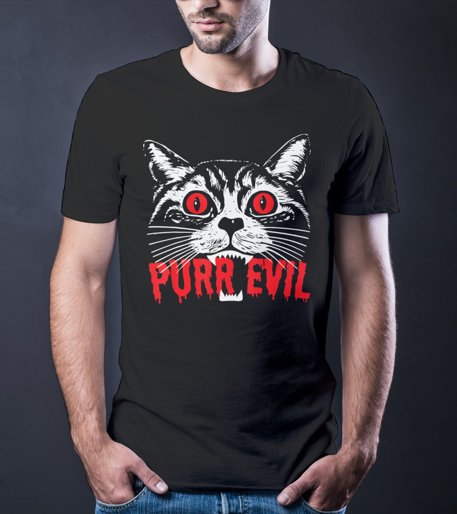 Purr Evil Satanic Cat Red Eyes Halloween T-Shirt