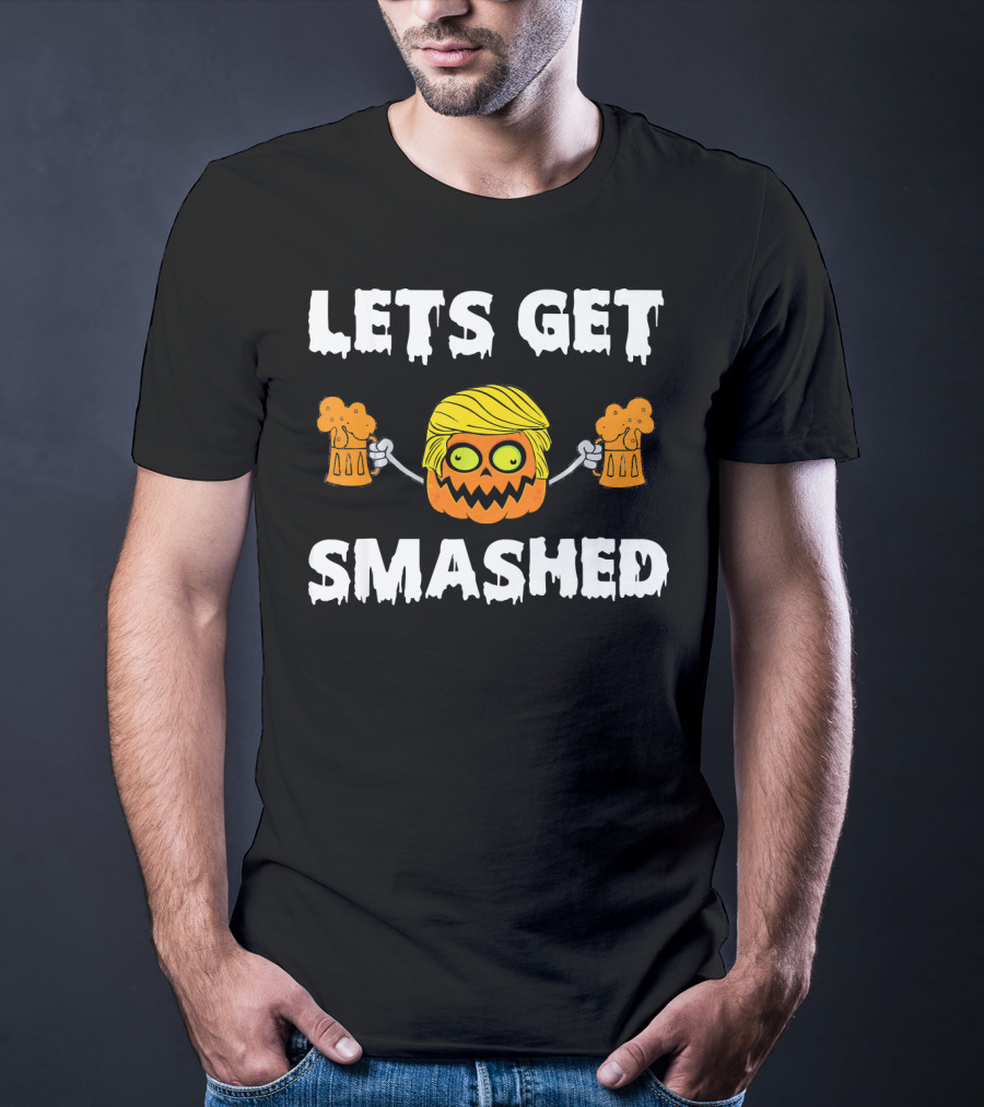 Lets Get Smashed Pumpkin Holding Beer Mugs With Blonde Hair T-Shirt