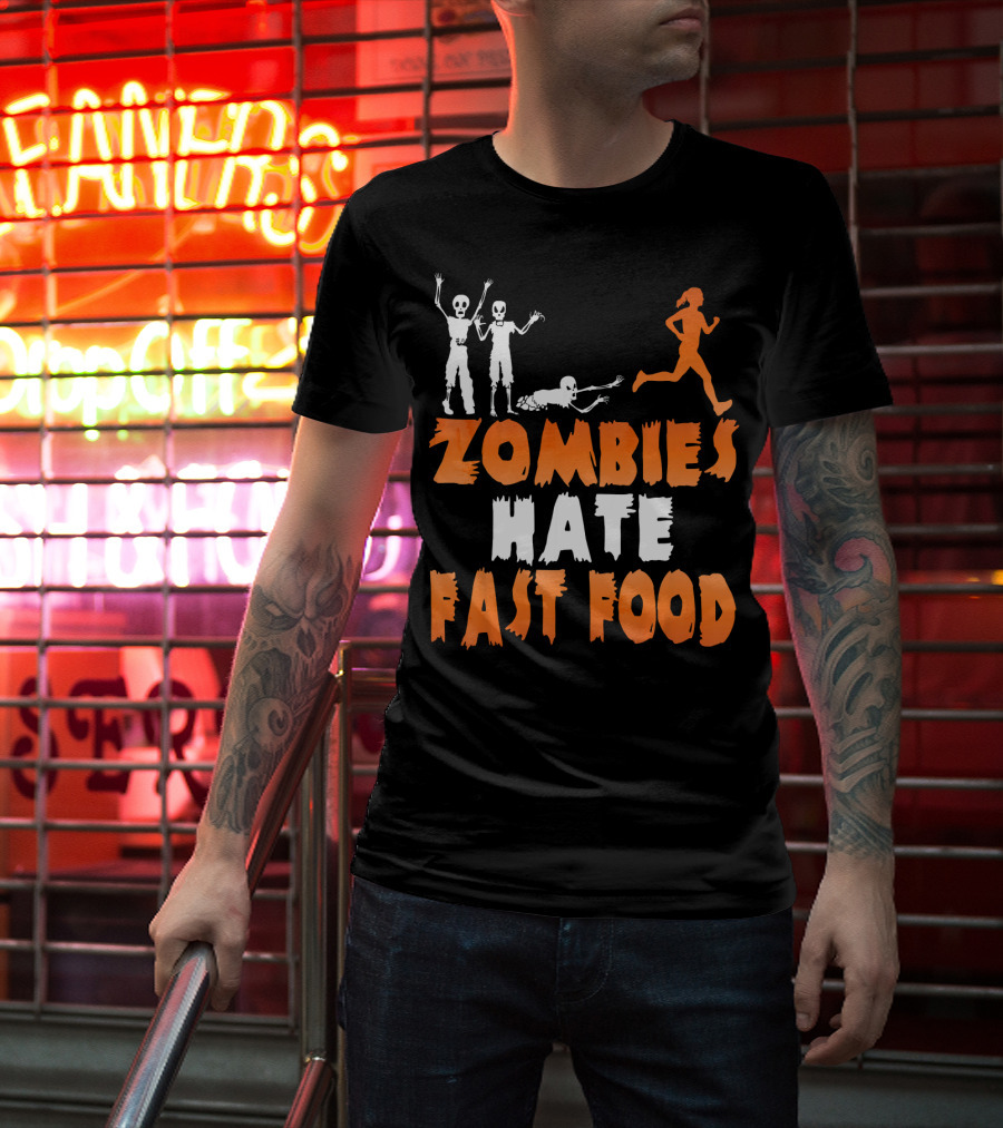 Zombies Hate Fast Food Skeletons Chasing Runner T-Shirt