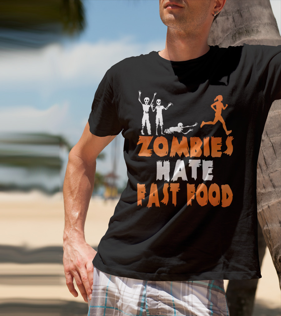 Zombies Hate Fast Food Skeletons Chasing Runner T-Shirt
