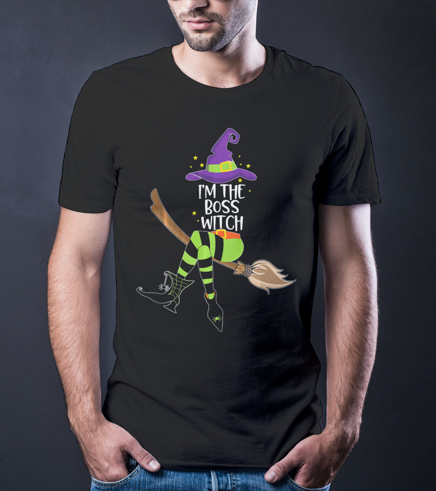 I'm The Boss Witch Halloween Witch Hat Broomstick Stripes T-Shirt